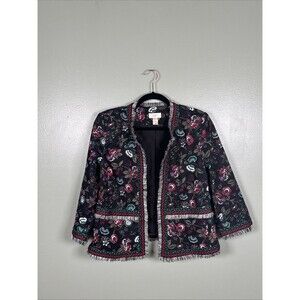 Loft Primavera Floral Fringe Boho Open Front Canvas Jacket Size 6